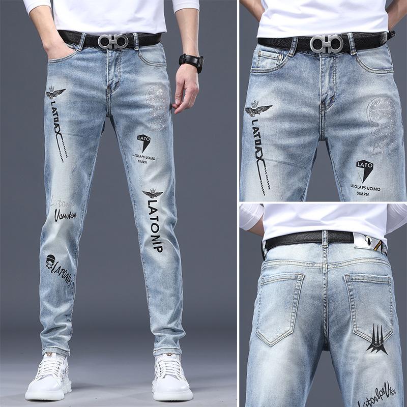 Мужская корейская версия повседневных эластичных узких серых джинсов с цветочным принтом для маленьких ног размера плюс