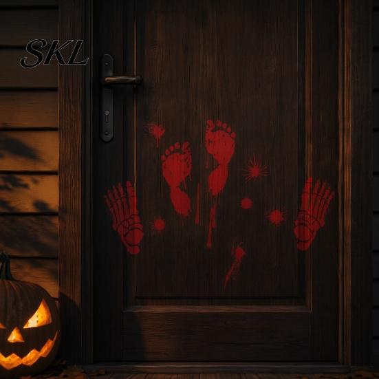 Temporary Removable Decal Halloween Blood Handprints/Footprints Wall Stickers, Decals, Spooky Waterproof Stain-proof Window Cling DIY Decoration