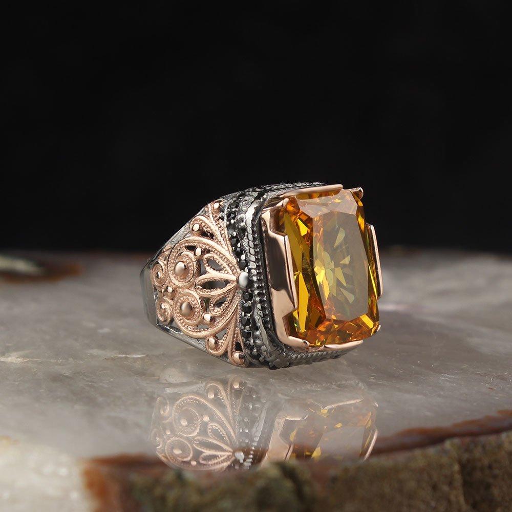 Rhodium Plated Citrine Stone 925 Sterling Silver Men's Ring