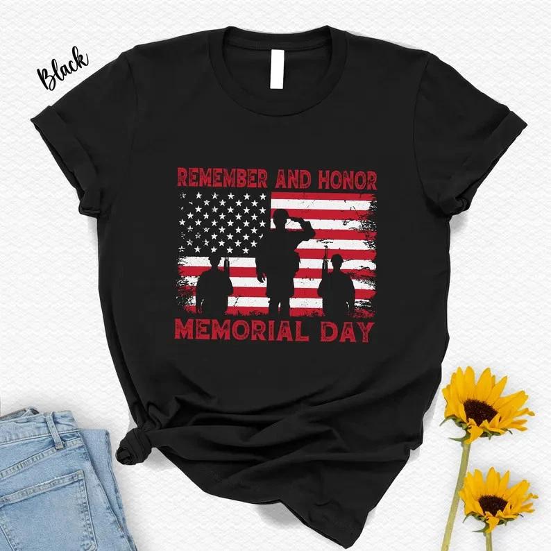 Memorial Day T- Shirt American Flag Remember Honor Patriotic USA Tee
