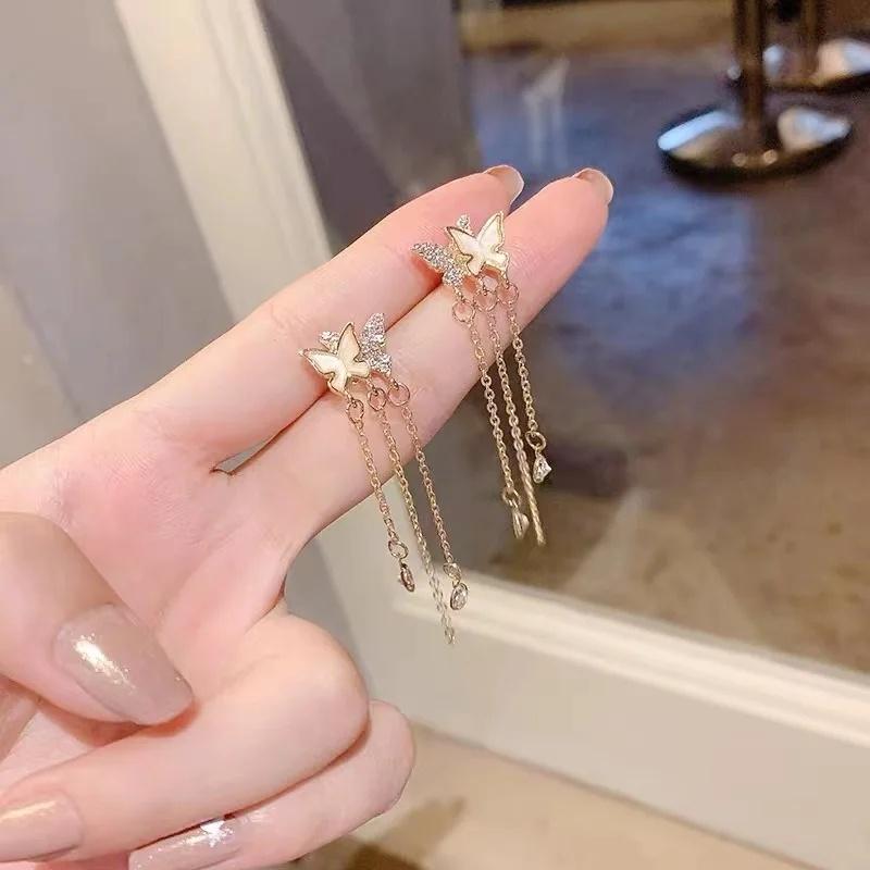 Fashion Rhinestone Butterfly Drop Earrings for Women Light Luxury Long Tassel Hanging Earrings Girls Party Wedding Jewelry Gift