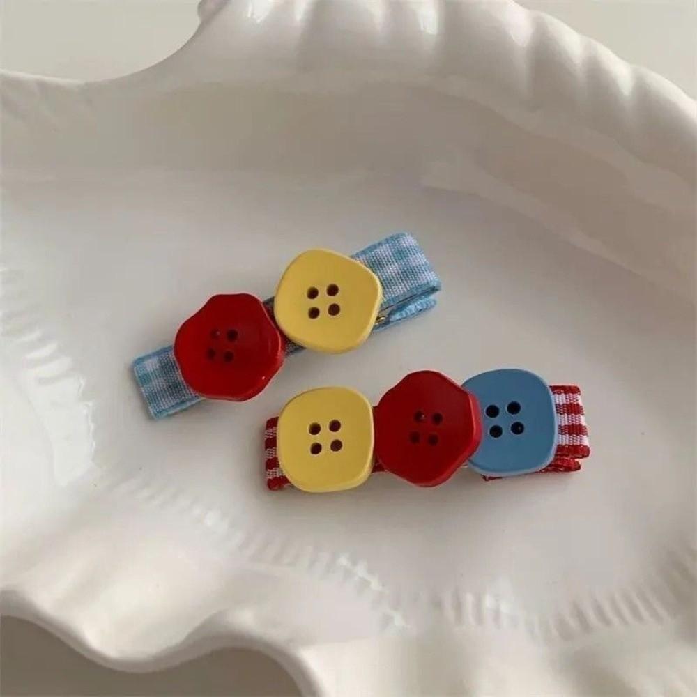 2 pcs/set Color Block Button Hair Clips Small and Cute Side Clip Vintage Bangs Clip For Girls