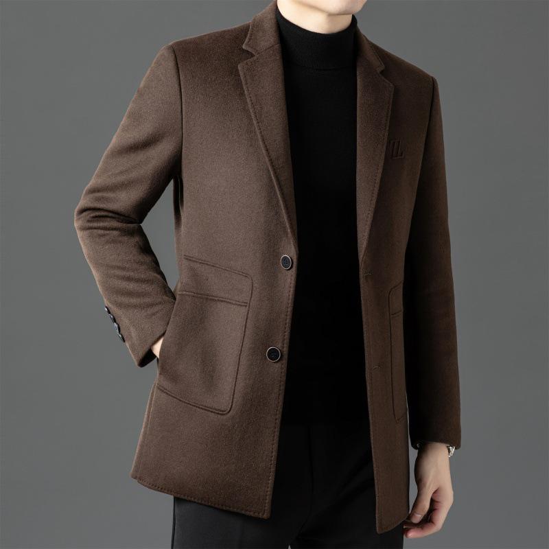 Men's Mid-Length Double-Sided Cashmere Coat with Detachable Down Liner, Casual Wool Suit for Middle-Aged