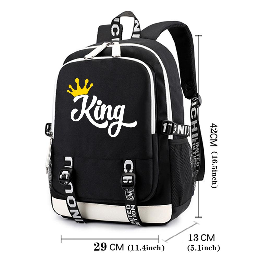 Рюкзак с принтом букв King Queen для женщин и девушек, модный дорожный рюкзак с регулируемыми плечевыми лямками, уличная школьная сумка для пары