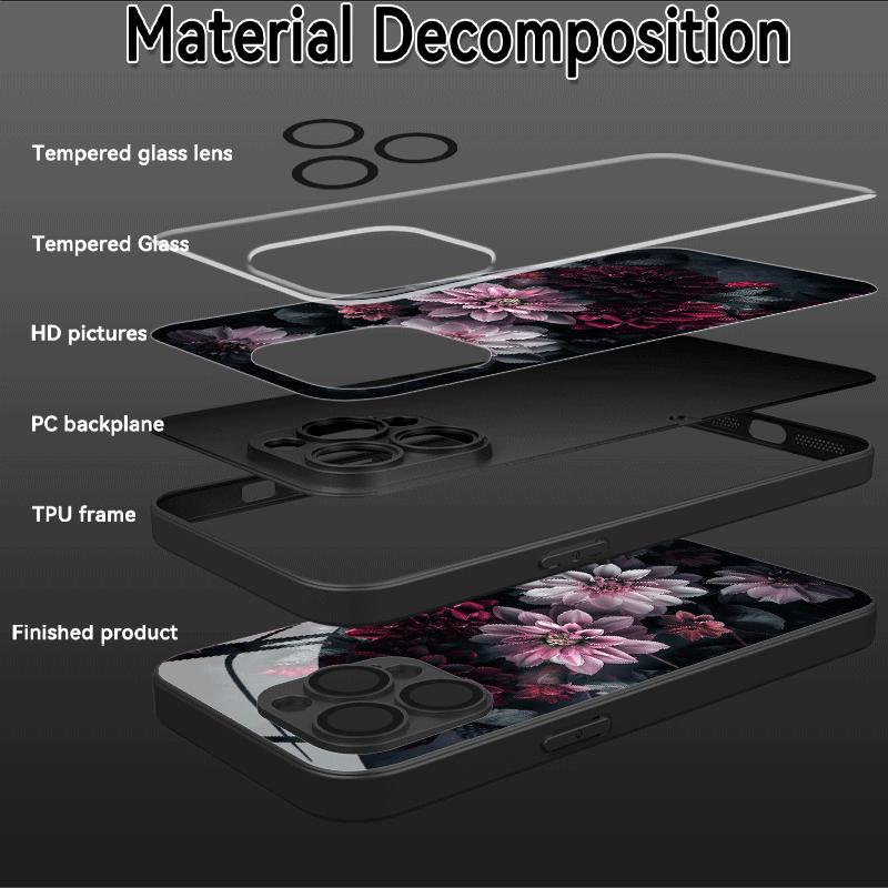 Стеклянный чехол для телефона с темным цветочным узором, подходит для iPhone 17 16 15 14 13 12 11 Pro Max Plus, противоударная задняя крышка