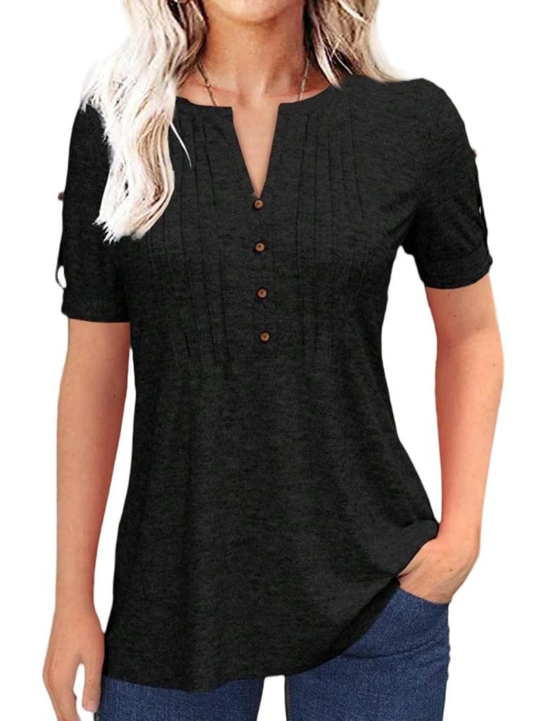 Women's Pleated V Neck T-Shirt Short Sleeve Solid Color Zipper Summer Casual Top