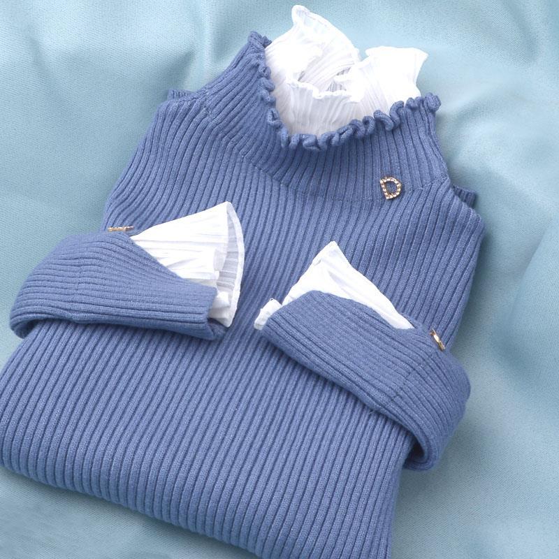 Водолазка с оборками, нижний свитер, женский весенне-осенний утягивающий пуловер из двух частей, свитер с кружевными оборками, вязаный свитер, топ