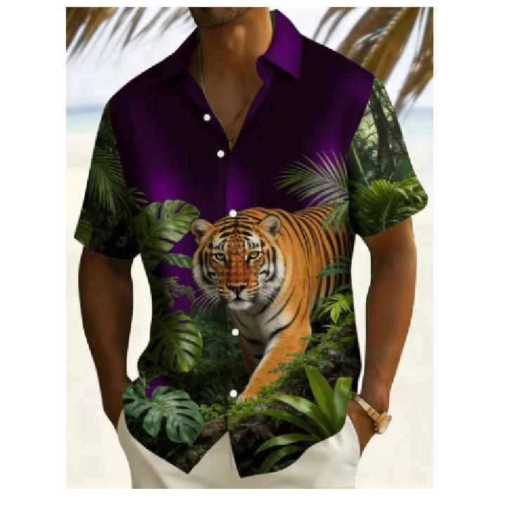 2026 Men's Casual Leopard and Palm Leaf Short Sleeve Hawaiian Style Beach and Everyday Shirt