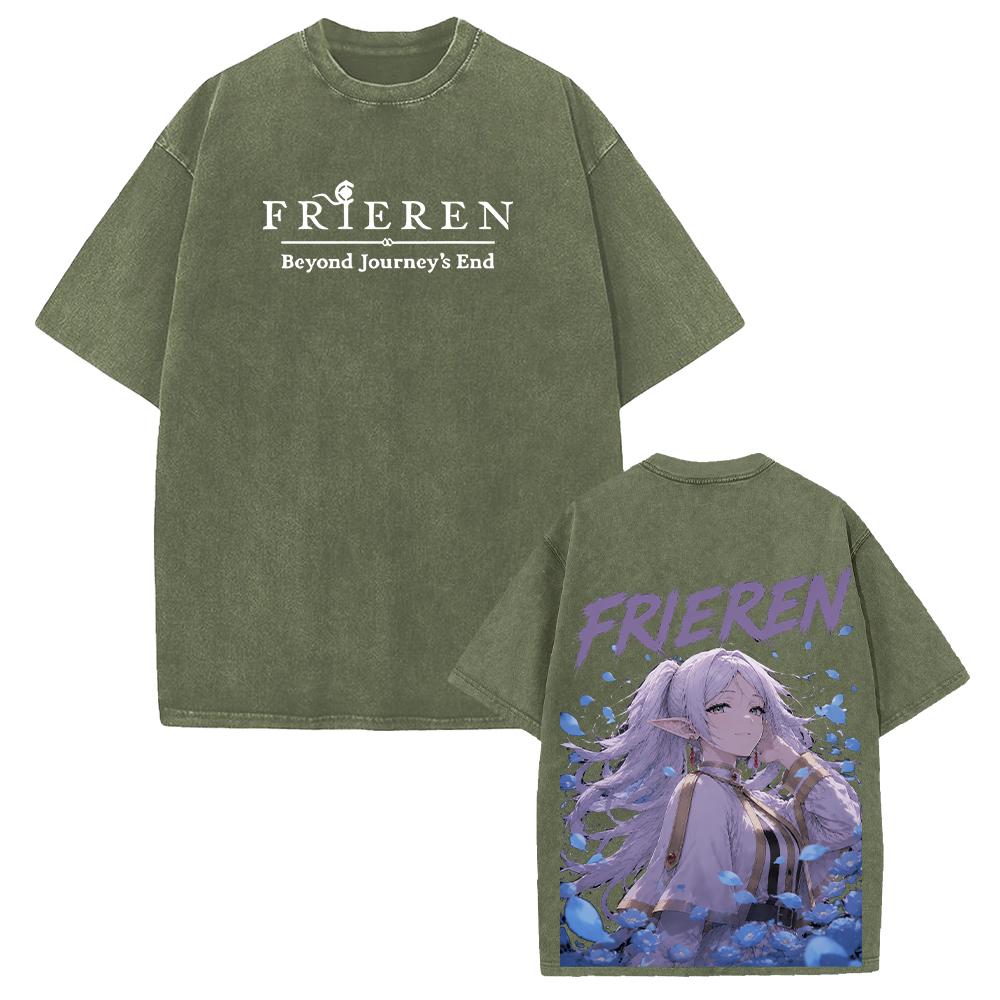 Anime Frieren T-shirt Harajuku Vintage Washed Tees Streetwear Men Women Clothing Short Sleeve Oversized 100% Cotton T Shirt