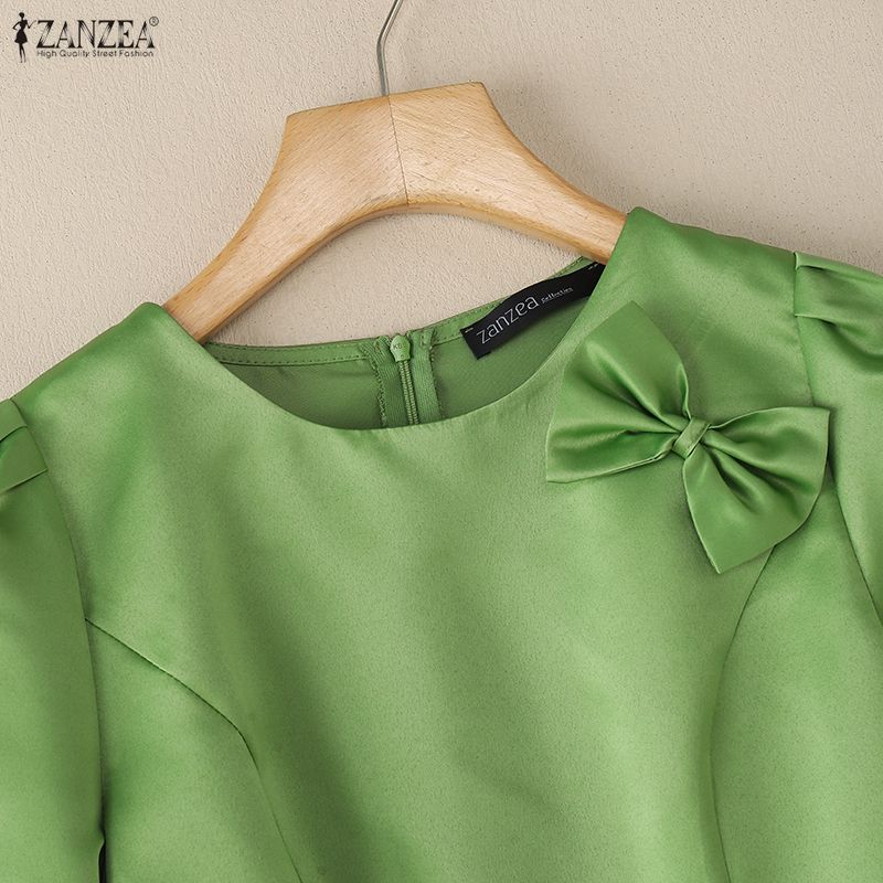 ZANZEA Женская повседневная однотонная блузка с круглым вырезом и коротким рукавом