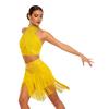 Womens Chacha Salsa Dance Outfit Halter Sleeveless Backless Shiny Ruched Crop Top Tiered Tassels Skirt Built In Shorts