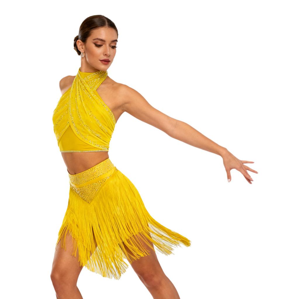 Womens Chacha Salsa Dance Outfit Halter Sleeveless Backless Shiny Ruched Crop Top Tiered Tassels Skirt Built In Shorts