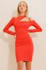 Women's Dress New Season Fashion Red Crew Neck Out Cut Cut Gather Detailed Dress