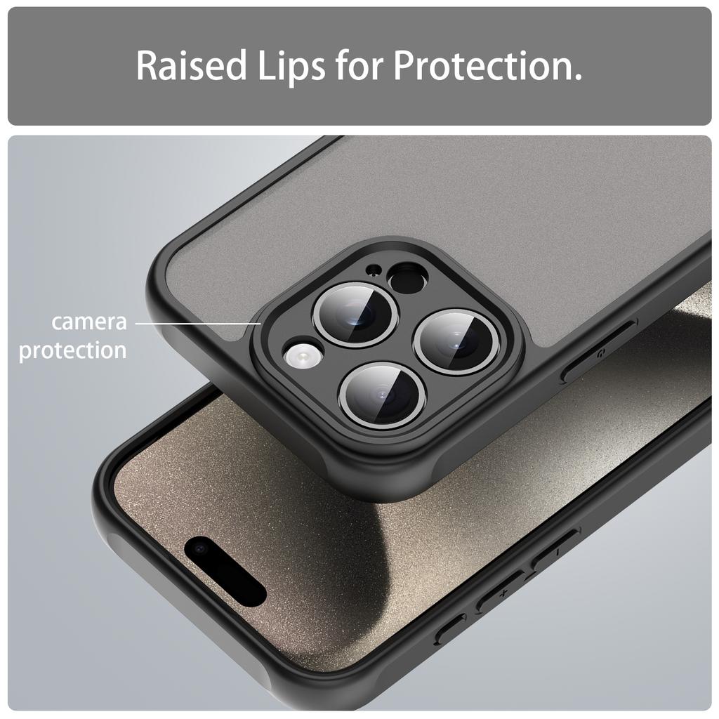 For iPhone 15 Pro Case Drop Proof Airbags Frosted Translucent PC+TPU Phone Back Cover