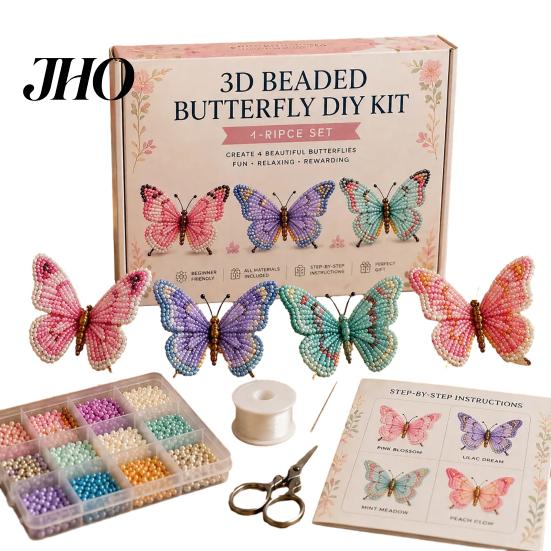 Relaxing Craft Projects 3D Beaded Butterfly Kit, Tiny Animal DIY Handmade Art Set Kit For Adults with Instruction, Cute 4-Pack Butterflies Beadwork