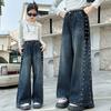 Fashion Teenager Girls Denim Wide Leg Pants Child Trousers Spring Autumn Girl Side Pearl Design Jeans 5-14 Yrs Kids Clothes