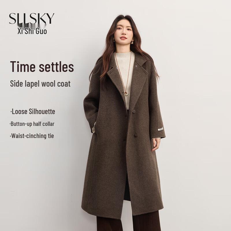 SLLSKY Women's Vintage Brown Wool Double-Sided Coat