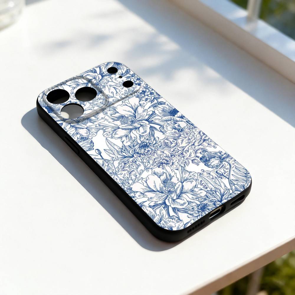 Сине-белый фарфоровый арт Для iPhone 17,16,15,14,13,12,11,Pro,Max,Plus,E,SE4,Air,Mini Черный мягкий чехол