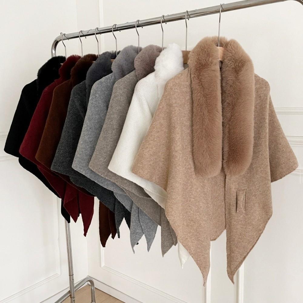 Faux Fox Fur Knit Shawl Warm Triangle Scarf Elegant Faux Fur Collar Wrap Outdoor