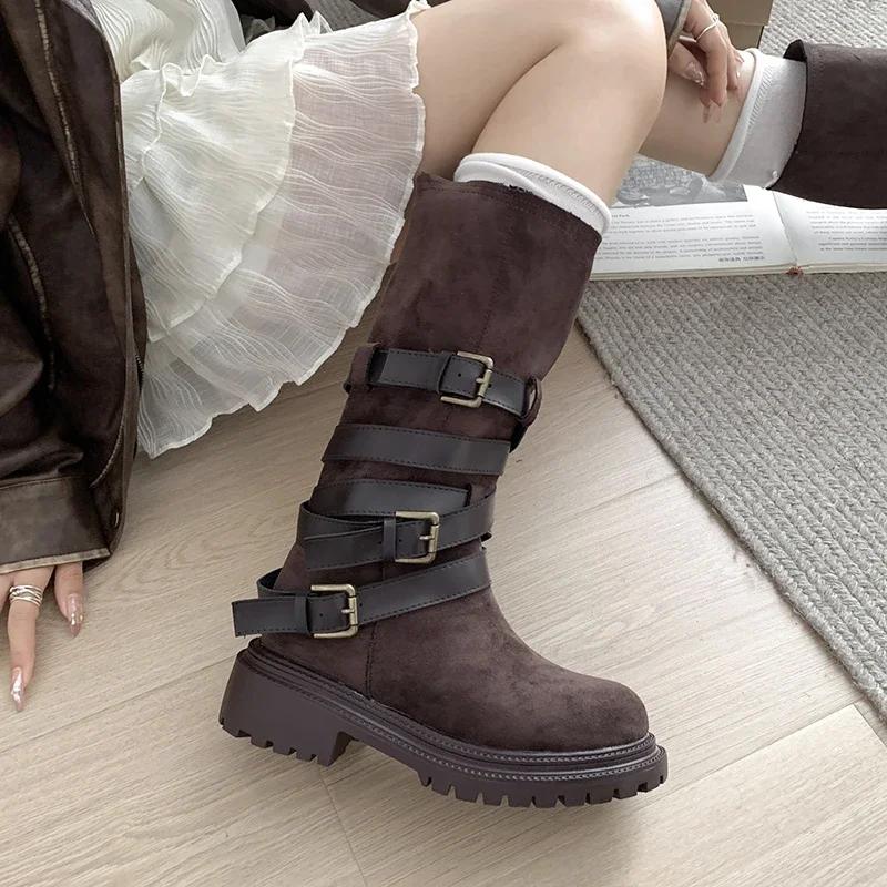 Женские сапоги на платформе до колена, замшевые туфли на плоской подошве, зимняя брендовая дизайнерская обувь 2025 года, новые повседневные модные ботинки «Челси» для снега