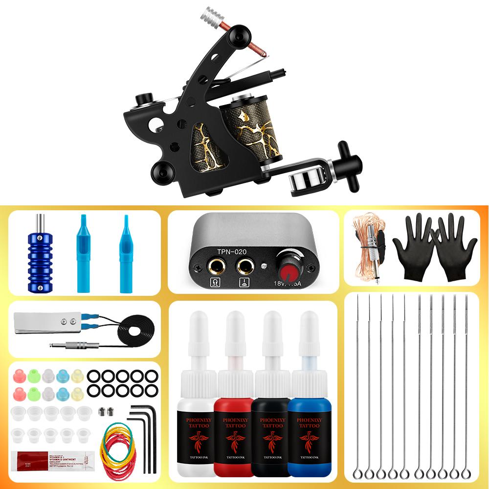 PHOENIXY 4 шт., пигментные чернила, комплект машин для татуировки, полный источник питания для татуировки, ручки для татуировки, инструменты для боди-арта, набор для татуировки
