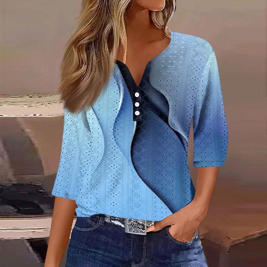 Women's Fashion V-Neck Button Seven Sleeve T-Shirt Casual Geometric Splicing Printed Top