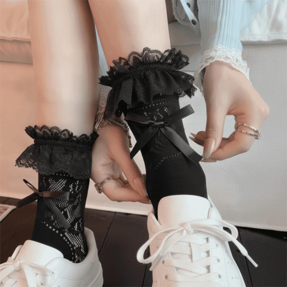 Solid Color Mid-Tube Socks Sweat Absorbent Stocking High Quality Lace Bow Socks for Women