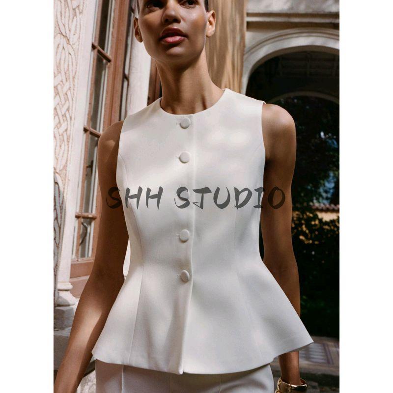 Waist-Tight Short Skirt Hem Round Neck Sleeveless Vest 8456735 High Waist Straight-leg Casual Pants 8457735