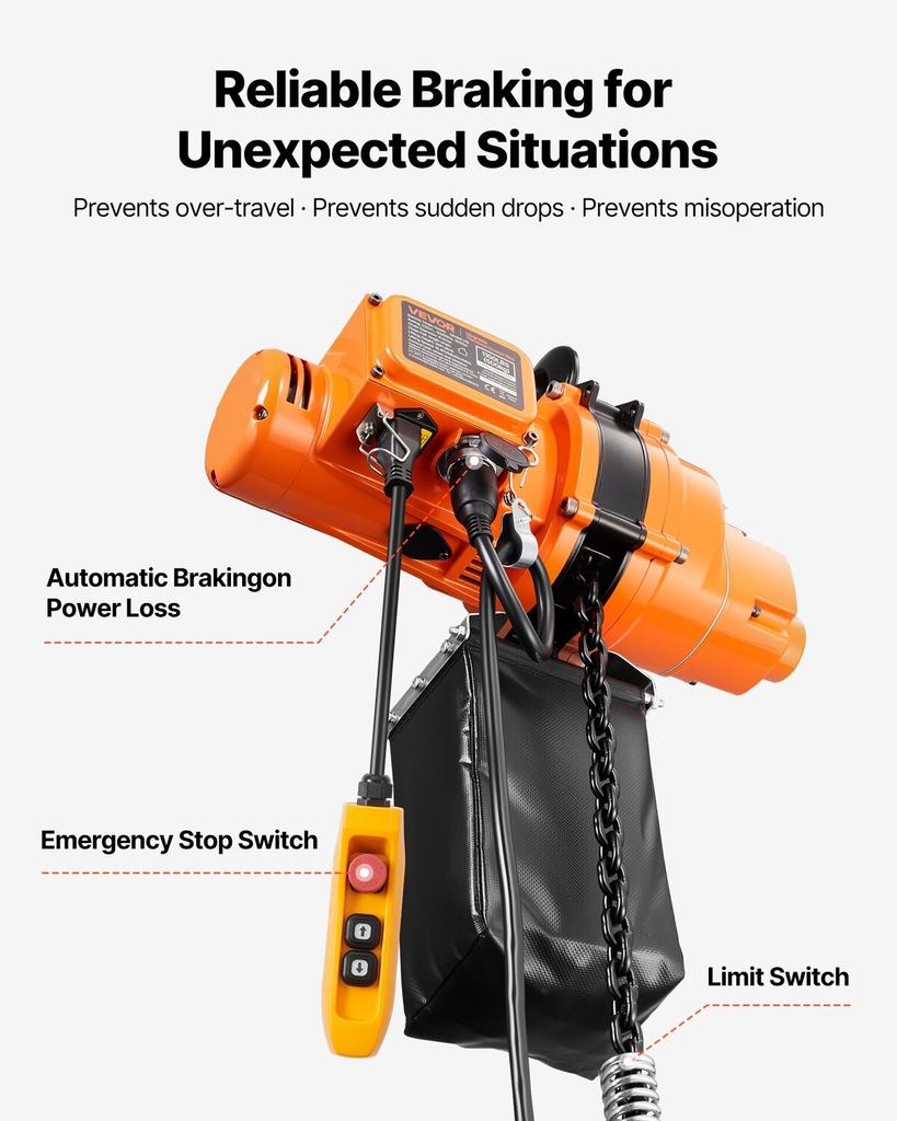 500 kg Electric Chain Hoist, 6 m Lifting Height, 230V Single Phase Overhead Crane with 100 m Wireless & 4.5 m Wired Remote Control, Power Electric
