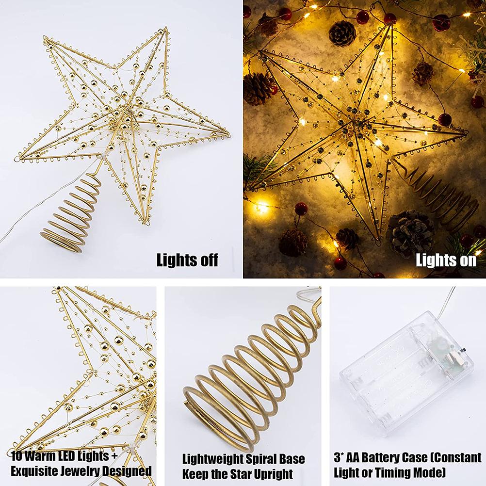 Christmas Tree Topper Star with LED String Light Glitter Christmas Tree Top Star Lamp for Christmas