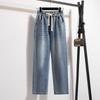 Plus Size Loose Wide Leg Pants Women's Plus Size High Waist Straight Cut Denim Drawstring Autumn Style Elastic Waist Trousers