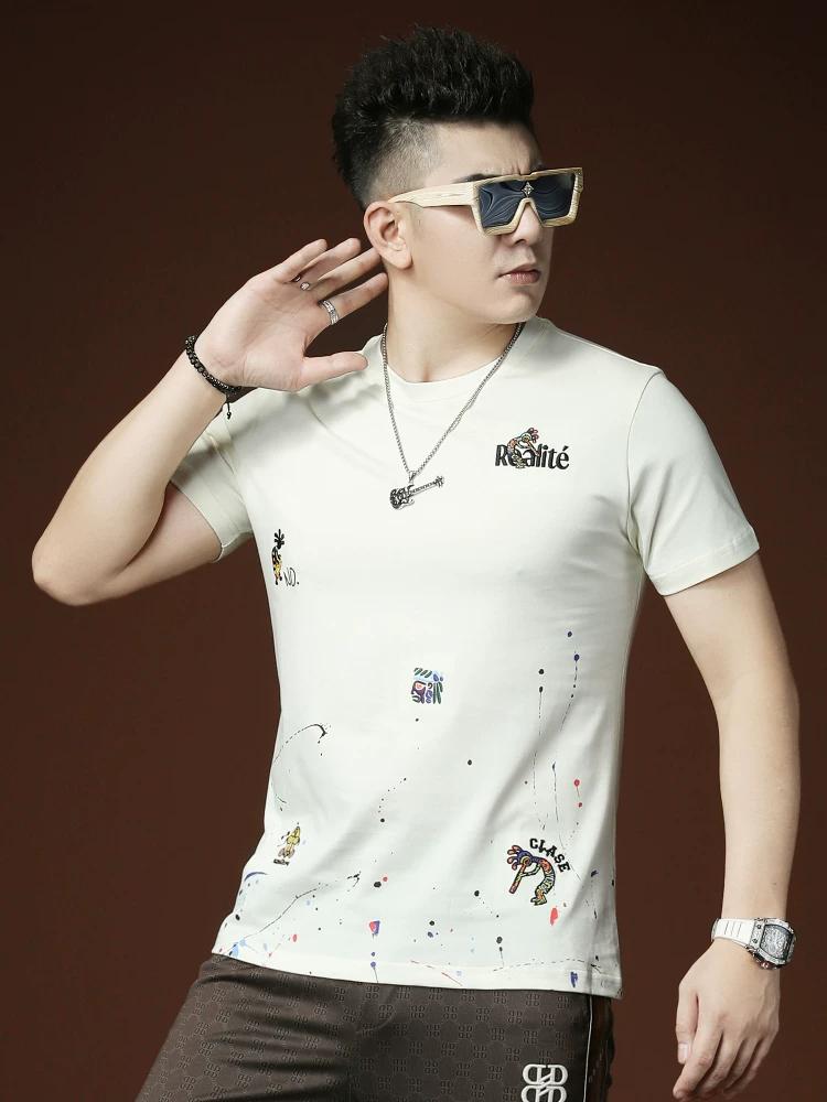 European Trendy Brand Splash-Ink Embroidered T-Shirt for Men, Short-Sleeve, Summer 2025 New Style, Light Luxury Men's Round-Neck Half-Sleeve Tee