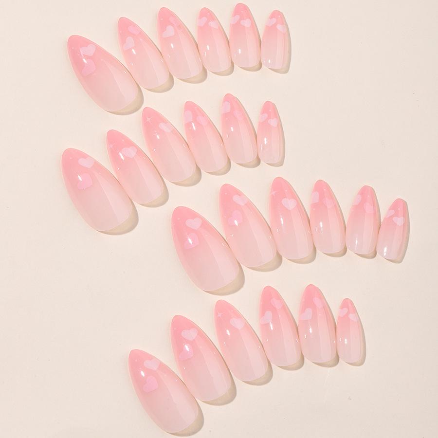 Pink Heart Almond Gradient Fake Nails Set - 24 pcs