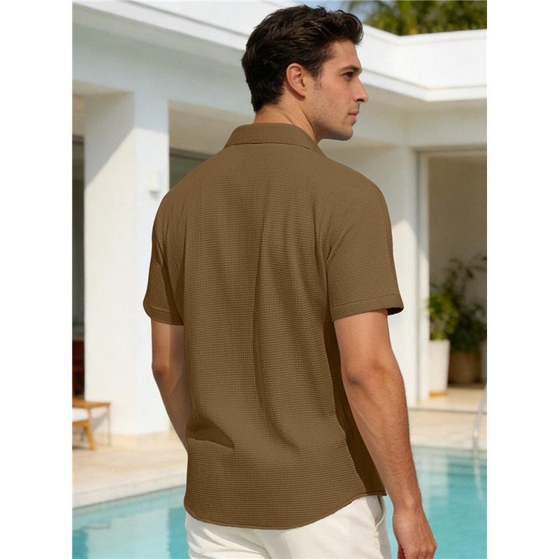 Men's Waffle Texture Short Sleeve Button Down Shirt Casual Pocketed Summer Top