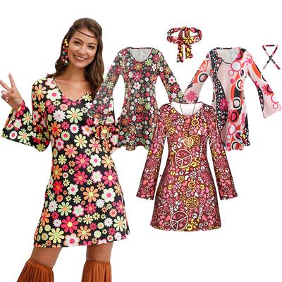 Женский костюм хиппи, карнавальная вечеринка, дискотека, танцевальный костюм 70-х годов, комплект с повязкой на голову, платье