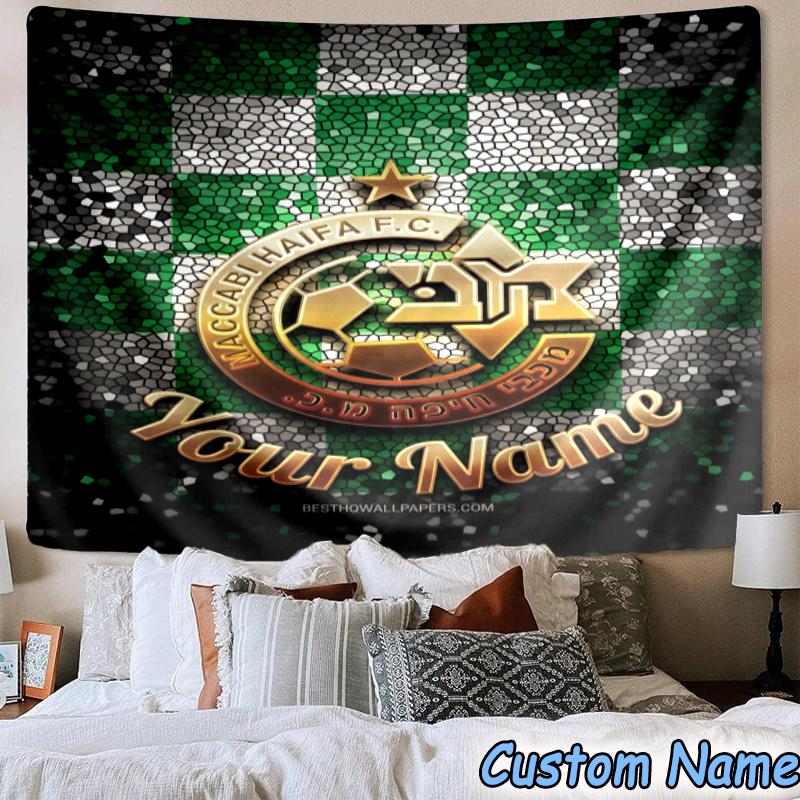 Custom Name Maccabi Haifa Football Crest Hanging Tapestry Background Tapestry for Bedroom Living Room Dorm,Home Party Wall Decoration,Fan Gifts