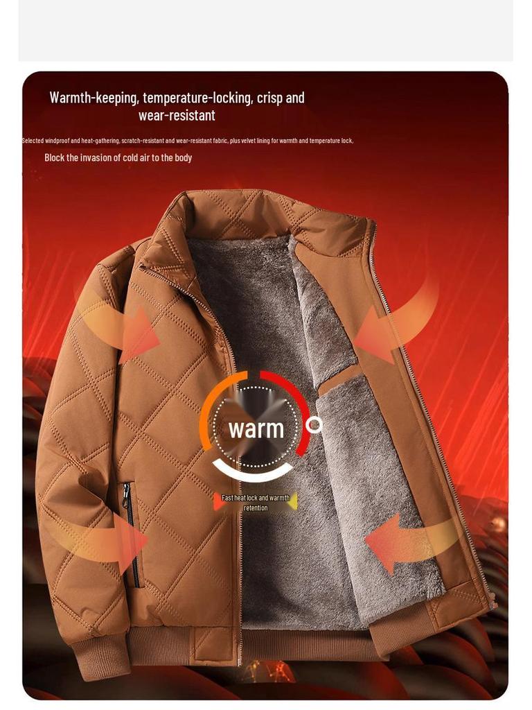 Мужское хлопковое пальто 2025 года для трансграничной торговли: Новая осенне-зимняя куртка со стойкой, на бархатной подкладке, с ромбовидной стежкой, теплая и ветрозащитная
