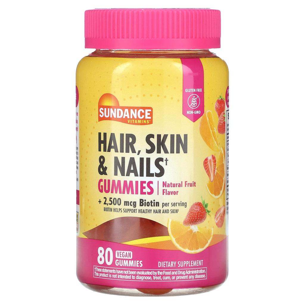 Sundance Vitamins Hair, Skin and Nail Gummies, Natural Fruit, 80 Vegan Gummies