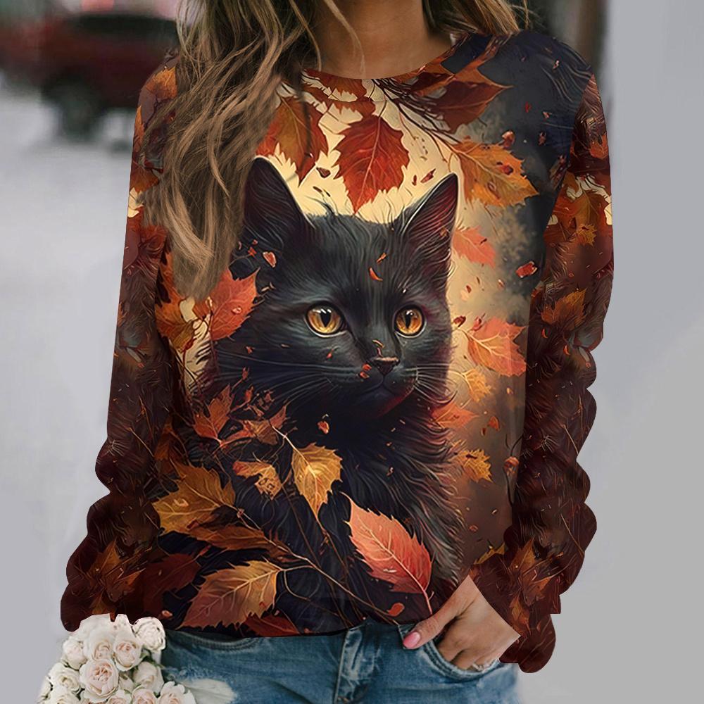 Women's T Shirts 3d Print Art Design Cat Pattern Long Sleeve Daily Weekend Fashion Funny Round Neck Regular Fit Spring & Fall