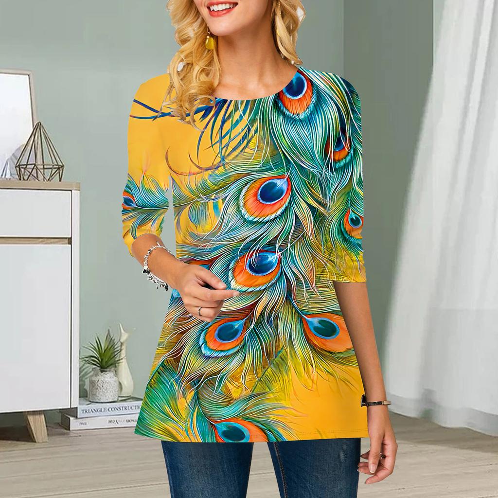 Plus Size Women Flower Peacock Feathers Print Round Neck Casual Loose Long Sleeve Top