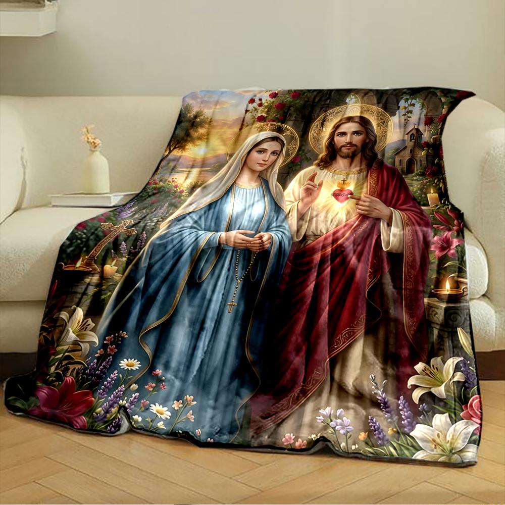 Holy Figures in Serene Garden SceneFlannel blanket for bedroom, living room, sofa, and nap