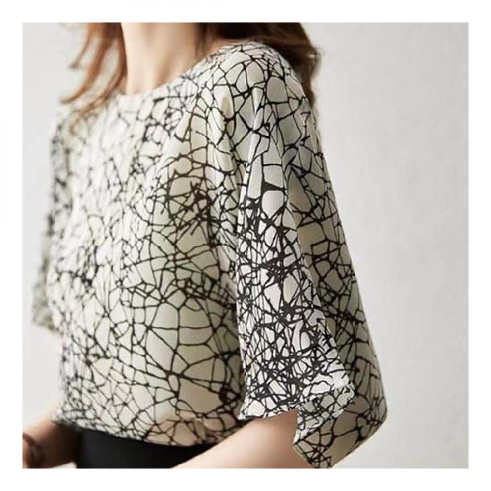 Navava Women Vintage Chiffon Printing Short Sleeve Blouse Nb1355