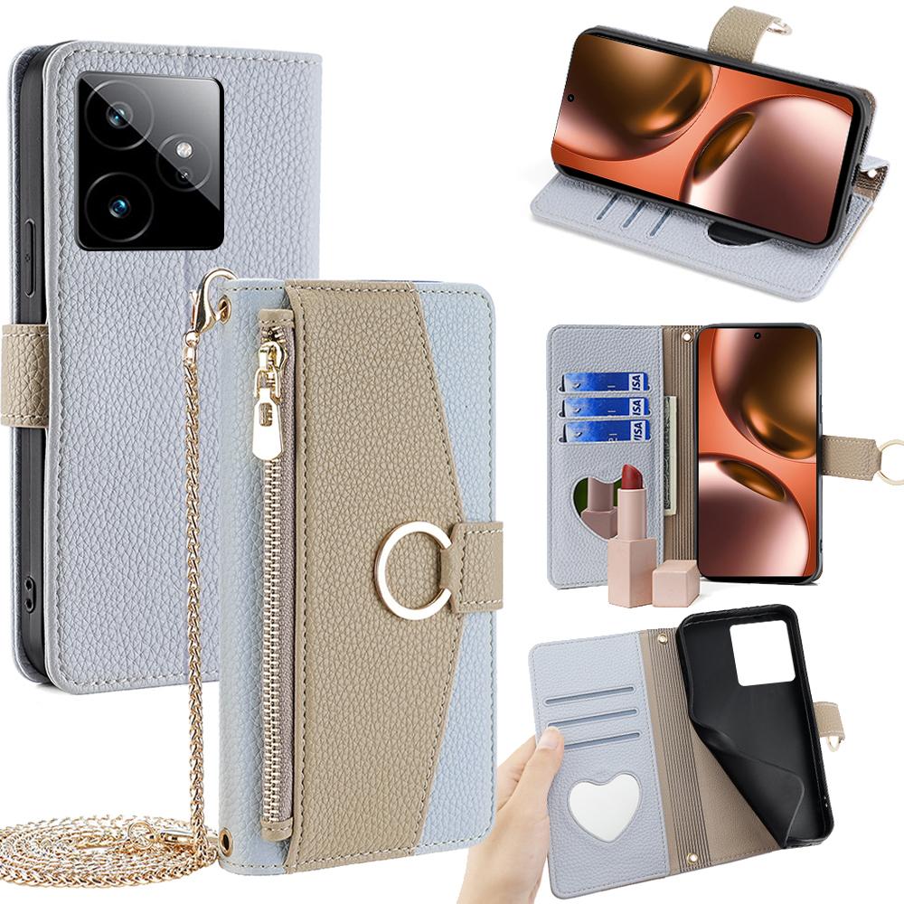 For Realme GT 7 5G Case Mirror Wallet Leather Phone Cover with Chain Shoulder Strap
