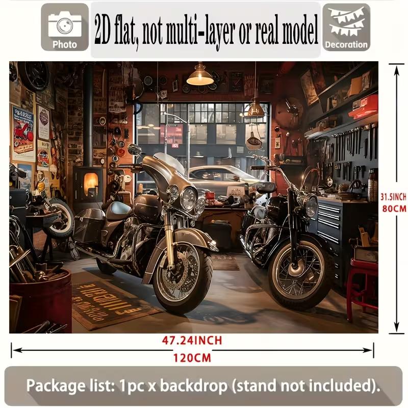 2D Vintage Motorcycle Garage Backdrop Banner - Biker Party Photo Background