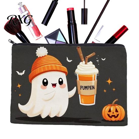Cartoon Brush Holder Halloween Theme Cosmetic Bag, Durable Canvas Zipper Makeup Pouch, Digital Print Pouch Portable Storage for Stationery And