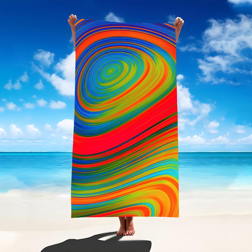 Colorful Waves Artistic Beach Towel, Vibrant Ocean Abstract Quick-Dry Sand-Free Microfiber Bath Towel for Yoga, Swim and Camping