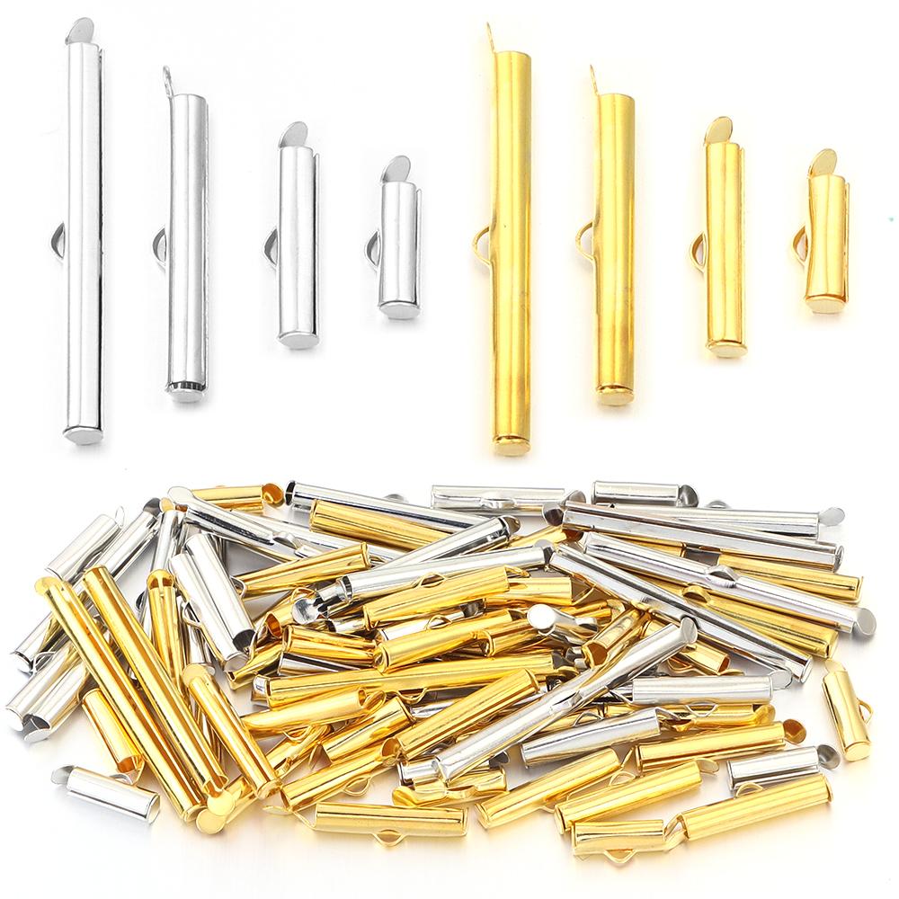 30-50pcs/lot Metal Crimp End Caps Gold Slider Clasp Buckles Tube Connectors For Jewelry Making Findings DIY Bracelet Accessories