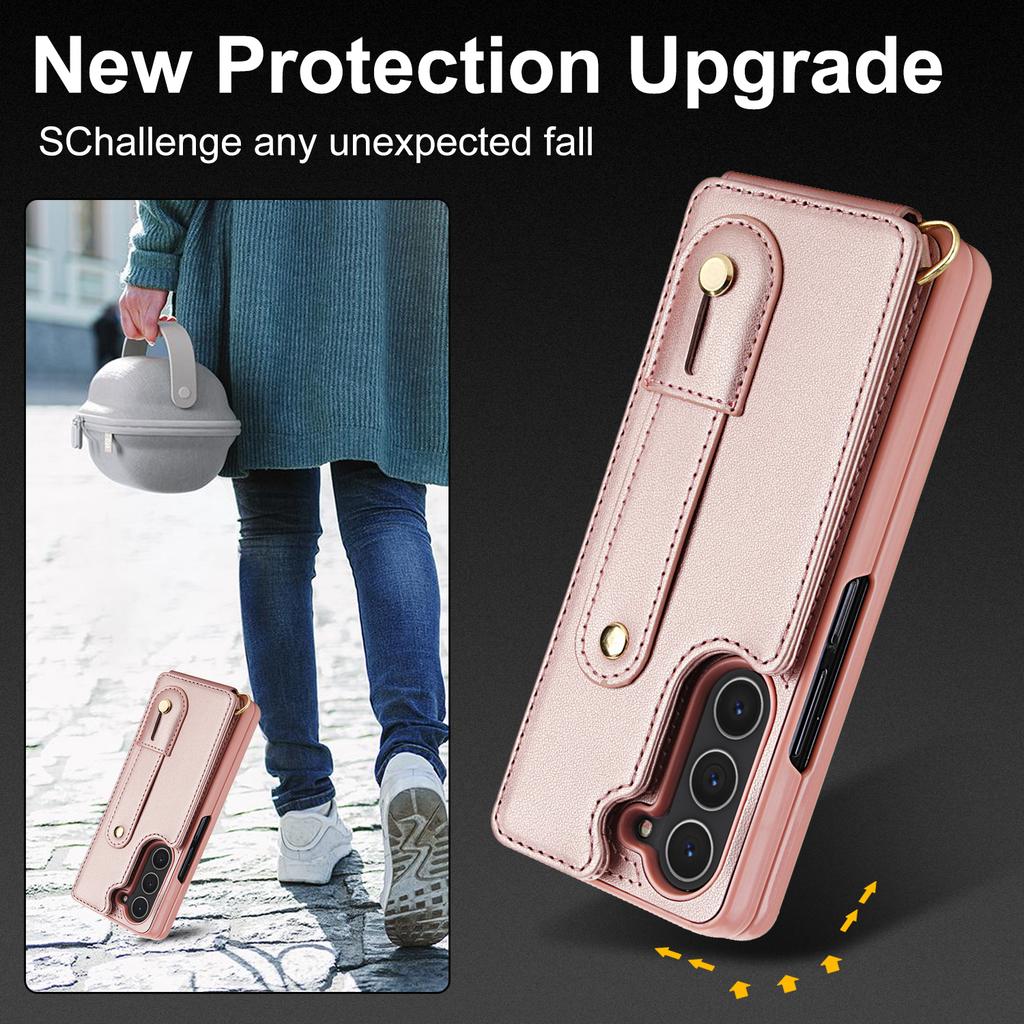 Crossbody Wristband Wallet Phone Case For Samsung Galaxy Z Fold 7 6 5 4 5G Double Magnetic Button Card Slot Wrist Design Cover