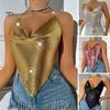 Women Sequin Sling Tops Halter Sleeveless Backless Short Vest with Metal Chain Laces And Swing Collar Sexy Camisole