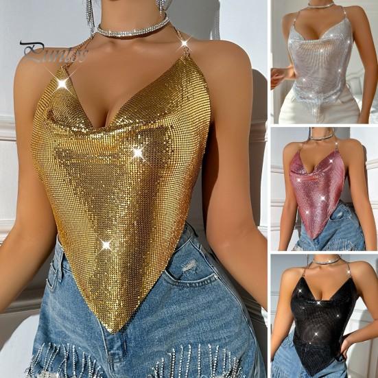 Women Sequin Sling Tops Halter Sleeveless Backless Short Vest with Metal Chain Laces And Swing Collar Sexy Camisole